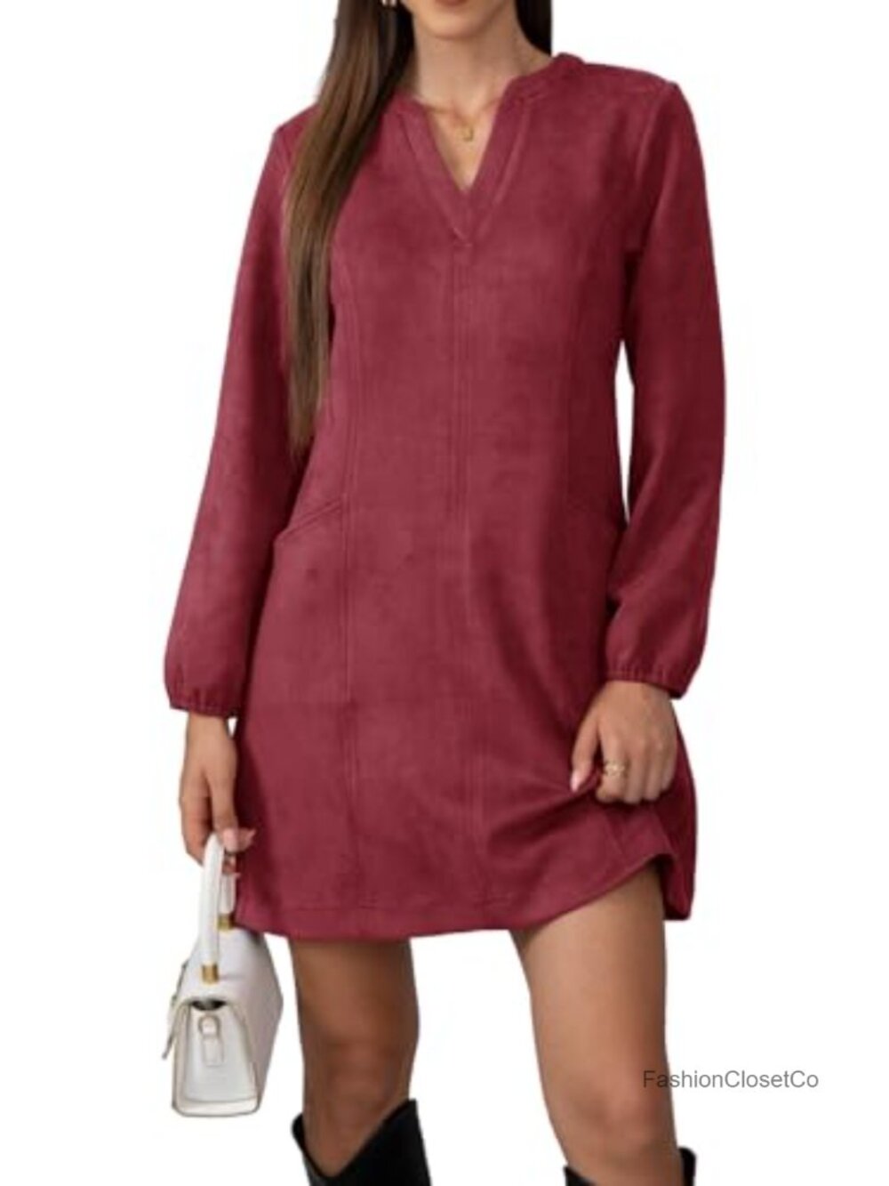 Women's Long Sleeve Suede Mini Dress with Pockets A-Line